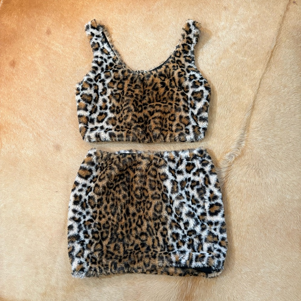 Leopard Print Faux Fur Crop Top and Skirt Set